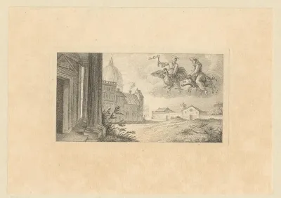 Heilige Petrus op haan en Heilige Antonius op zwijn zwevend boven een koepelkerk