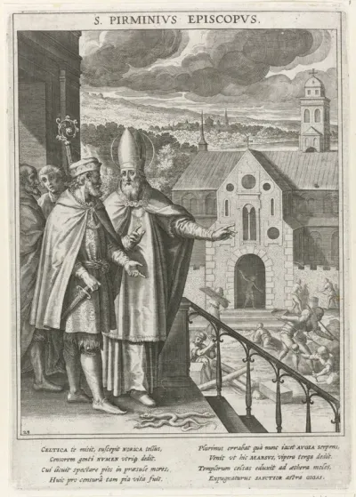 Heilige Pirminius toont Karel Martel de bouw van de abdij van Reichenau