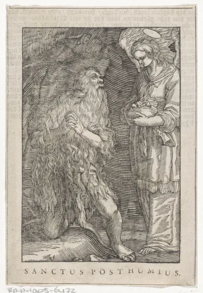 Heilige Posthumius als kluizenaar met engel
