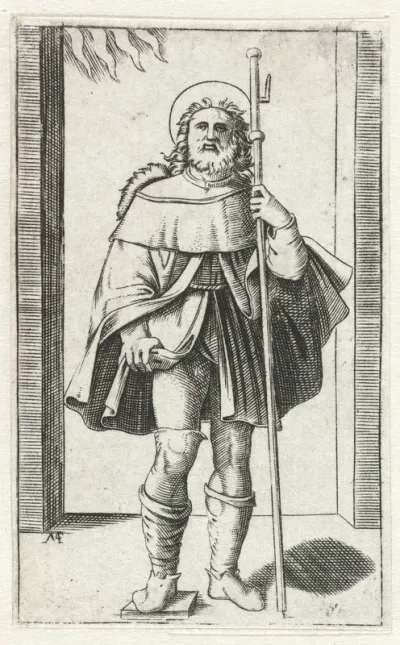 Heilige Rochus als pelgrim met pelgrimsstaf toont pestbult op been