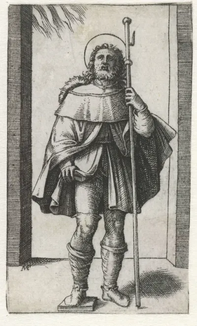 Heilige Rochus als pelgrim met pelgrimsstaf toont pestbult op been