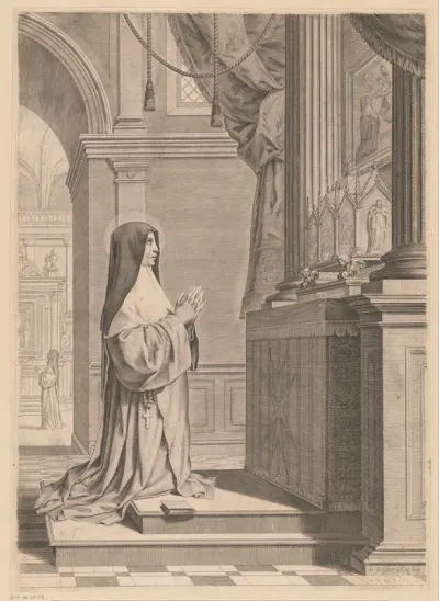 Heilige Scholastica biddend voor een reliekschrijn