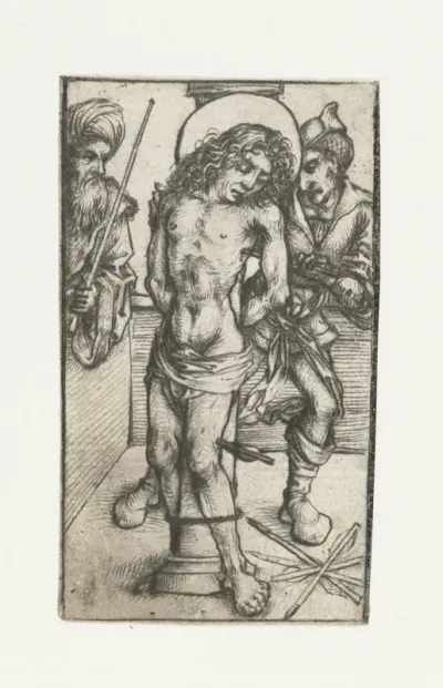 Heilige Sebastiaan aan de geselpaal, met rechter en  beulsknecht