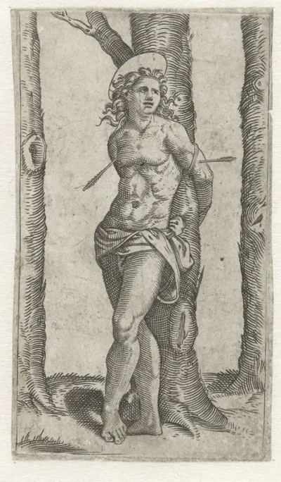 Heilige Sebastiaan vastgebonden aan boom met pijlen in lichaam