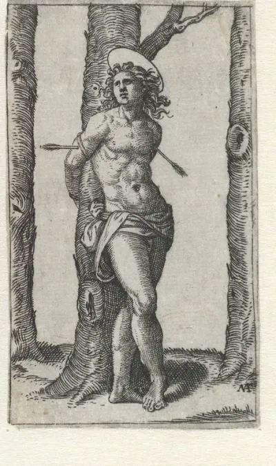 Heilige Sebastiaan vastgebonden aan boom met pijlen in lichaam