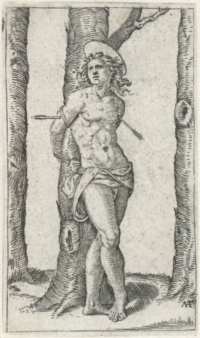 Heilige Sebastiaan vastgebonden aan boom met pijlen in lichaam