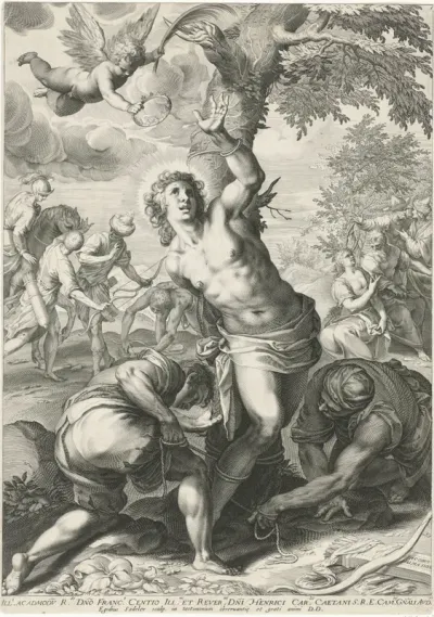 Heilige Sebastiaan vastgebonden aan een boom