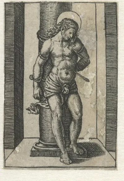 Heilige Sebastiaan vastgebonden aan zuil met pijl in lichaam