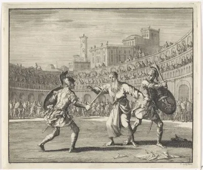 Heilige Telemachus van Rome onderbreekt een gladiatorengevecht