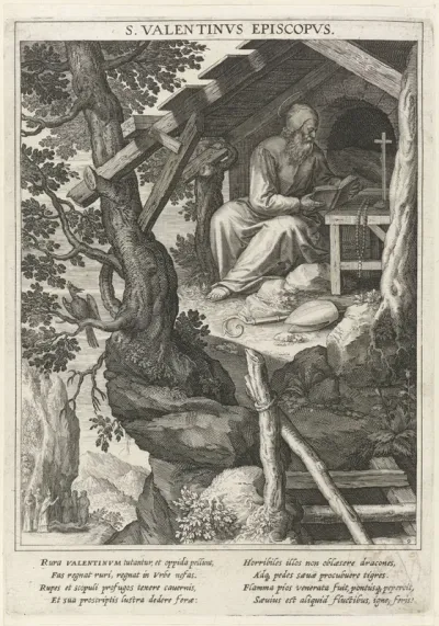Heilige Valentinus als kluizenaar in een hut