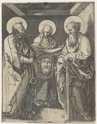 Heilige Veronica met zweetdoek staand tussen heiligen Petrus en Paulus