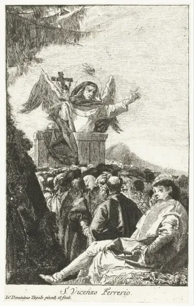Heilige Vincentius Ferrer (Ferrier) met vleugels en crucifix predikt voor menigte