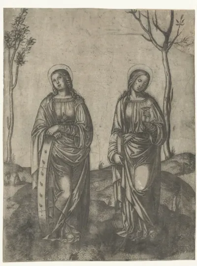 Heiligen Catharina met gebroken wiel en Lucia met ogen op schaaltje