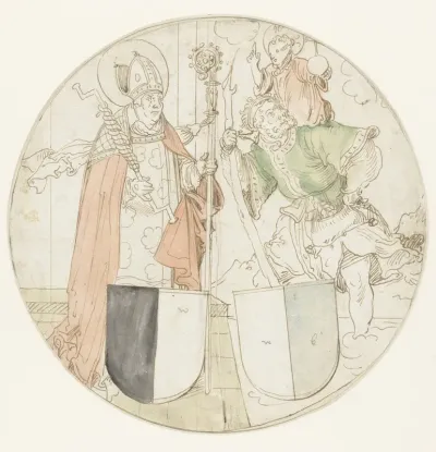 Heiligen Christophorus en Erasmus, elk met een wapenschild