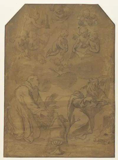 Heiligen Franciscus en Antonius Abbas knielend in een landschap