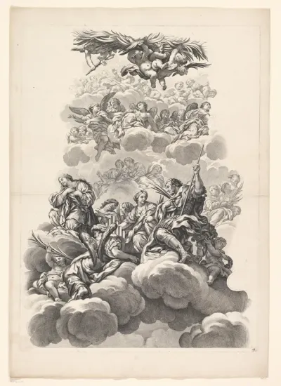 Heiligen rond een orgel in de wolken
