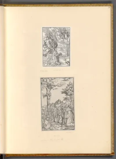 Heiliger Christophorus mit dem knienden Christoph  Scheurl und den Wappen Scheurl und Tucher (Titelholzschnitt zu Christoph Scheurl, Epistola Doctoris Scheurli ad Charitatem Abbatissam Sanctae Clarae de laudibus familiae Pyrckheymer ... Nürnberg 1515