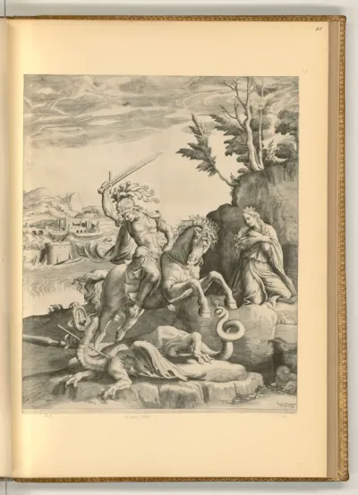 Heiliger Georg zu Pferde im Kampf mit dem Drachen, im Hintergrund die Königstochter