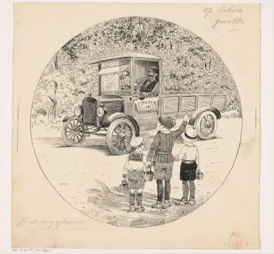 Heintje, Pim en Puck gebaren naar een vrachtauto