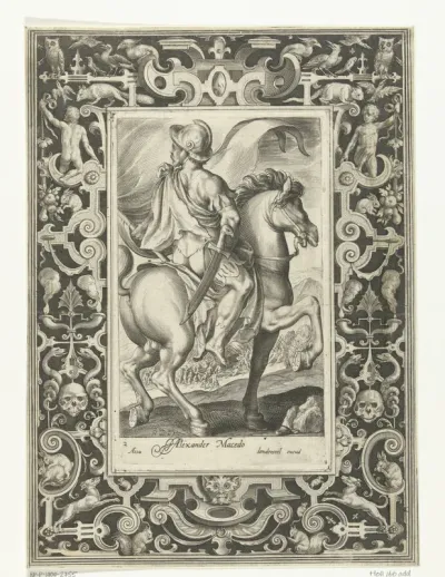 Held Alexander de Grote te paard in omlijsting met ornamenten