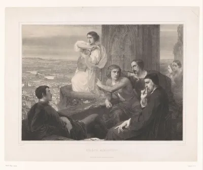 Hélène met de lier van Adelsfreit en andere figuren op een toren