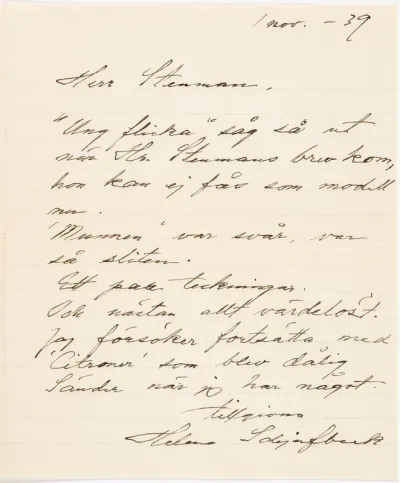 Helene Schjerfbeck's letter to Gösta Stenman 01.11.1939