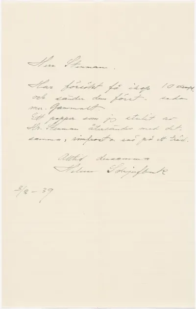 Helene Schjerfbeck's letter to Gösta Stenman 03.02.1939