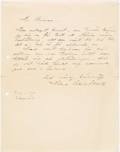 Helene Schjerfbeck's letter to Gösta Stenman 03.10.1934
