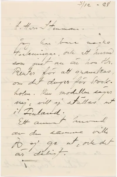 Helene Schjerfbeck's letter to Gösta Stenman 03.12.1928
