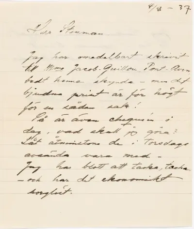 Helene Schjerfbeck's letter to Gösta Stenman 04.08.1937