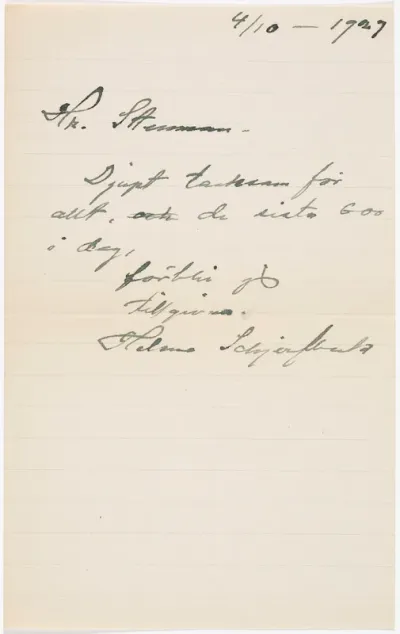 Helene Schjerfbeck's letter to Gösta Stenman 04.10.1927