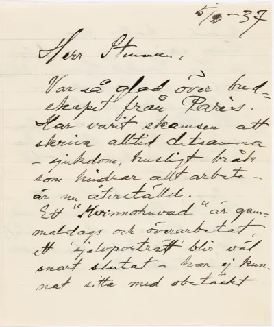 Helene Schjerfbeck's letter to Gösta Stenman 05.02.1937