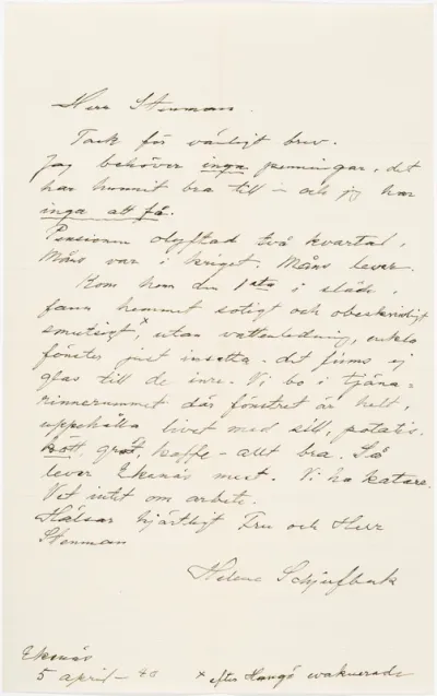 Helene Schjerfbeck's letter to Gösta Stenman 05.04.1940