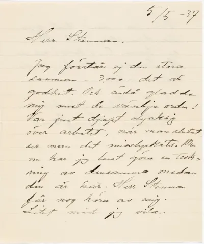 Helene Schjerfbeck's letter to Gösta Stenman 05.05.1937
