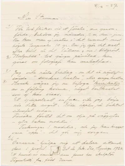 Helene Schjerfbeck's letter to Gösta Stenman 08.12.1937