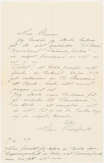 Helene Schjerfbeck's letter to Gösta Stenman 09.02.1939