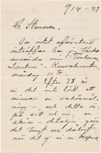 Helene Schjerfbeck's letter to Gösta Stenman 09.04.1927