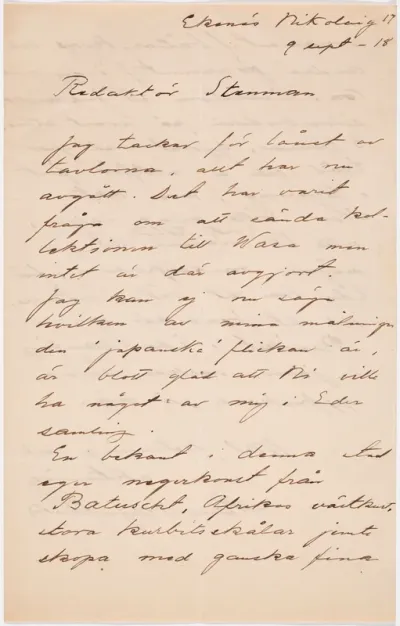 Helene Schjerfbeck's letter to Gösta Stenman 09.09.1918