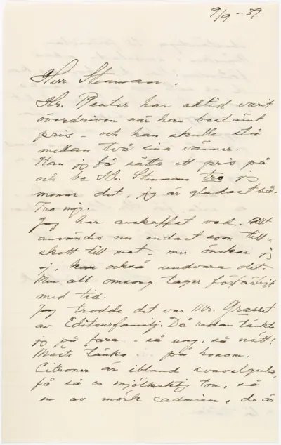 Helene Schjerfbeck's letter to Gösta Stenman 09.09.1939