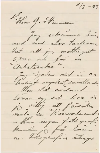 Helene Schjerfbeck's letter to Gösta Stenman 11.03.1927