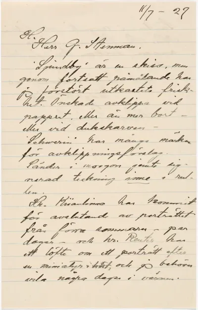 Helene Schjerfbeck's letter to Gösta Stenman 11.07.1927
