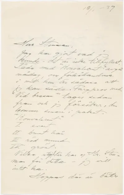 Helene Schjerfbeck's letter to Gösta Stenman 12.01.1939