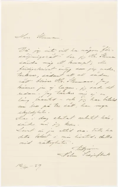 Helene Schjerfbeck's letter to Gösta Stenman 12.04.1939