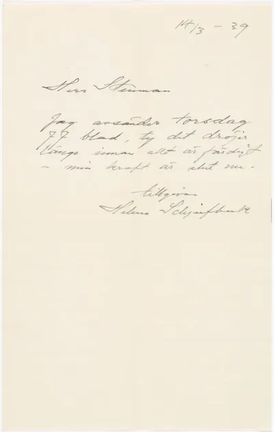 Helene Schjerfbeck's letter to Gösta Stenman 14.03.1939