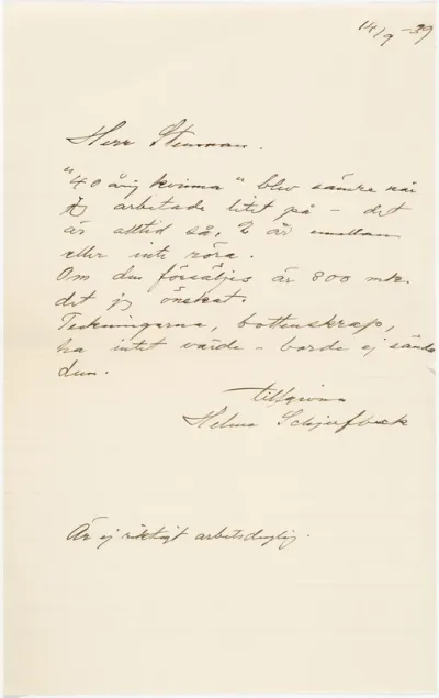 Helene Schjerfbeck's letter to Gösta Stenman 14.09.1939