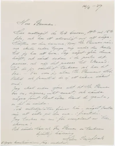 Helene Schjerfbeck's letter to Gösta Stenman 16.02.1939