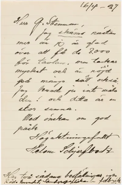 Helene Schjerfbeck's letter to Gösta Stenman 16.04.1927