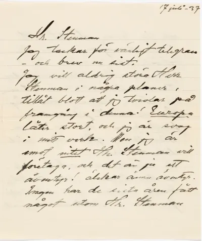 Helene Schjerfbeck's letter to Gösta Stenman 17.07.1937