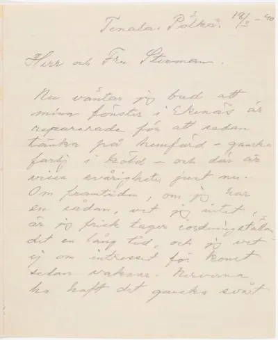 Helene Schjerfbeck's letter to Gösta Stenman 18.03.1940
