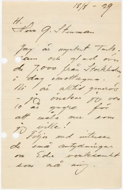 Helene Schjerfbeck's letter to Gösta Stenman 18.08.1929